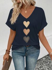 SHEIN Women's V-Neck Turnover Cuff, Ombre Heart Print Casual Versatile T-Shirt, Spring/Summer - Navy Blue - View 4