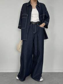 FRIFUL Women's Drop Shoulder Long Sleeve Utility Pocket Single-Breasted Shirt & Jeans Casual 2 Pieces Set Women Summer Clothing Women Plus Clothing Formal Women Jeans Plus Size Women Plus Clothing Business Casual Women Summer Sets