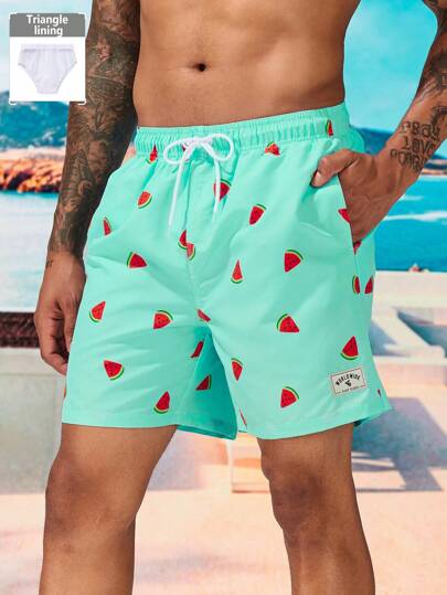 Surfspeed Men's Watermelon Print Drawstring Waist Beach Shorts,Hawaiian