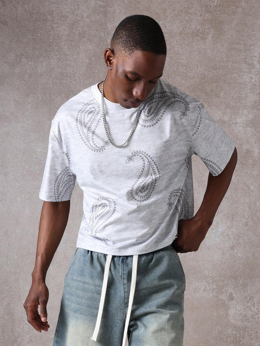 SUMWON Stylish Paisley Print Short Sleeve T-Shirt Casual Summer Streetwear Designer Graphics Crew Neck Breathable Festival Concert Fashion Top - Grey - View 1