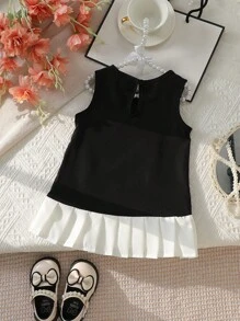 Baby Mädchen süßes, niedliches ärmelloses Oberteil mit Rundhalsausschnitt, Patchwork, plissiertem Saum, Schleifendekor, einfaches Urlaubskleid im Prinzessinnenstil, Sommer