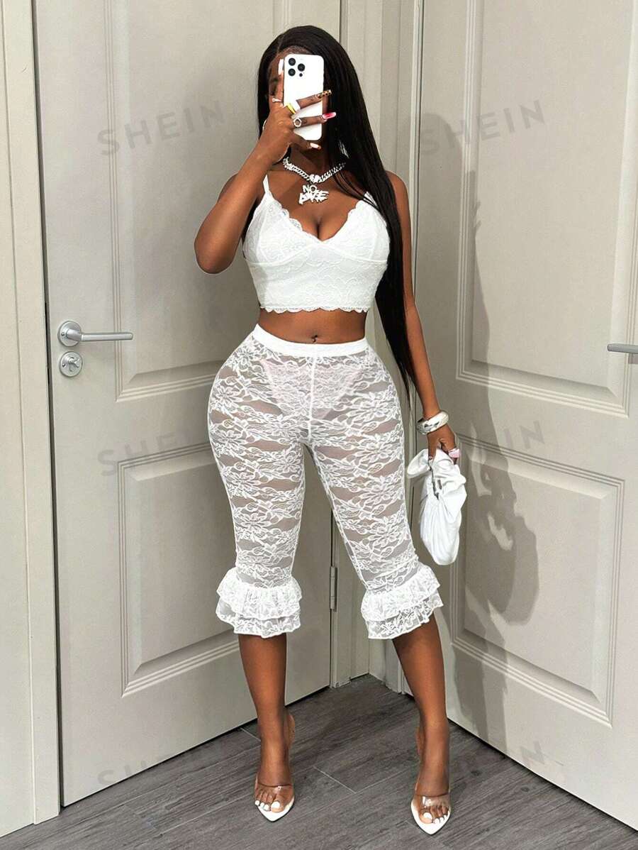 BamGleam Elegantes leggings de encaje transparente con volantes en el bajo, con un estilo sexy