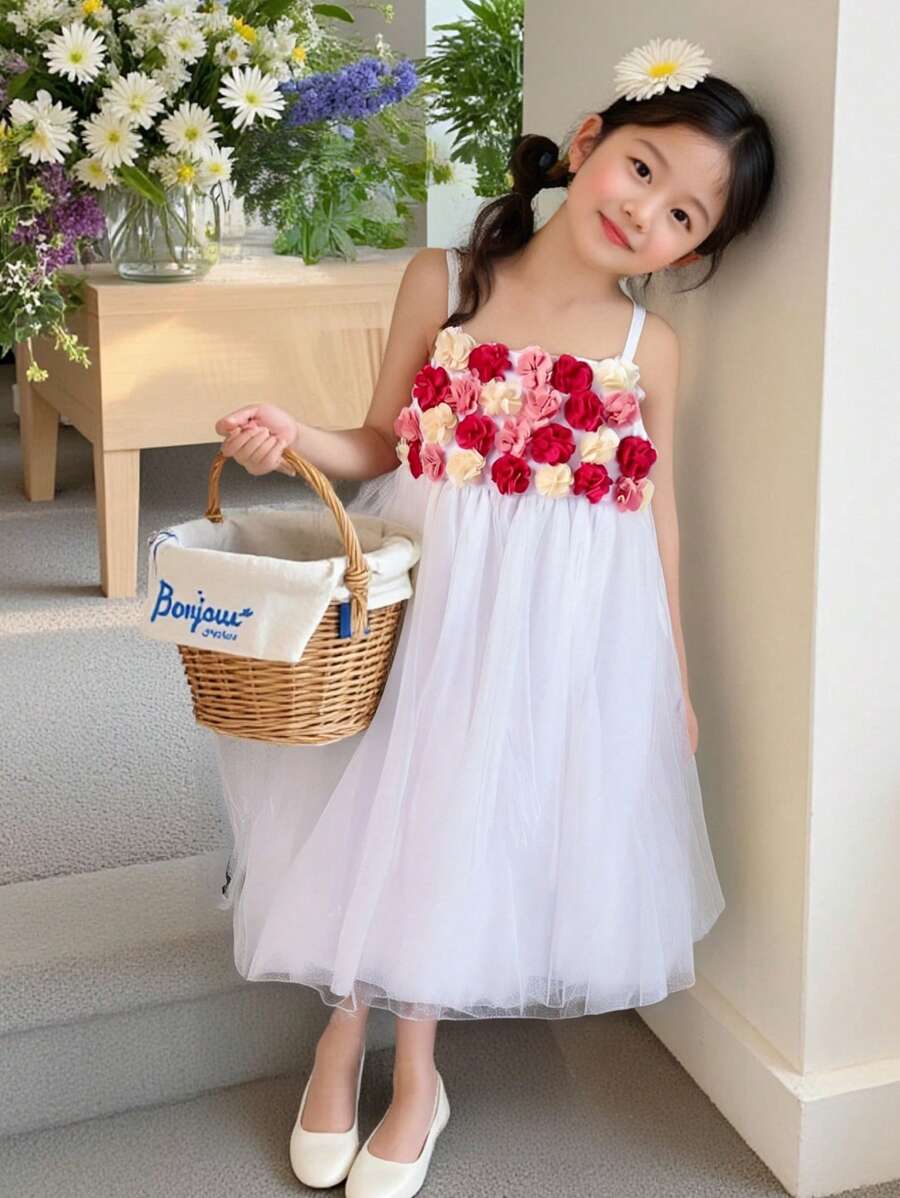 女孩可爱 3D 花卉装饰吊带泡泡纱连衣裙 - 白色 - 查看 1