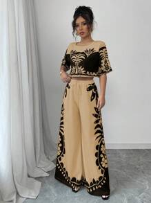 Rafferiza 女士休闲两件套，花卉印花短款上衣和阔腿裤，春夏假日风格 - 棕色 - 查看 6