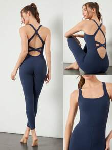 GLOWMODE 24" FeatherFit™ One And Only Tummy Control Double Crossover Back Jumpsuit Bodysuit Low Impact Yoga Pilates Studio Daily Casual Wear Removable Cups