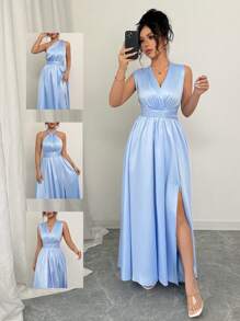 Elenzga Women's Solid Color Crossed V-Neck Slit Hem Elegant Dress - Blue - View 2