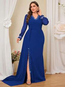 SHEIN Belle Plus Size Elegant Blue Knit Bubble Pom-Pom Splicing Bodycon Party Dress, Formal, Gown, For Evening, Wedding Guest - Royal Blue - View 1
