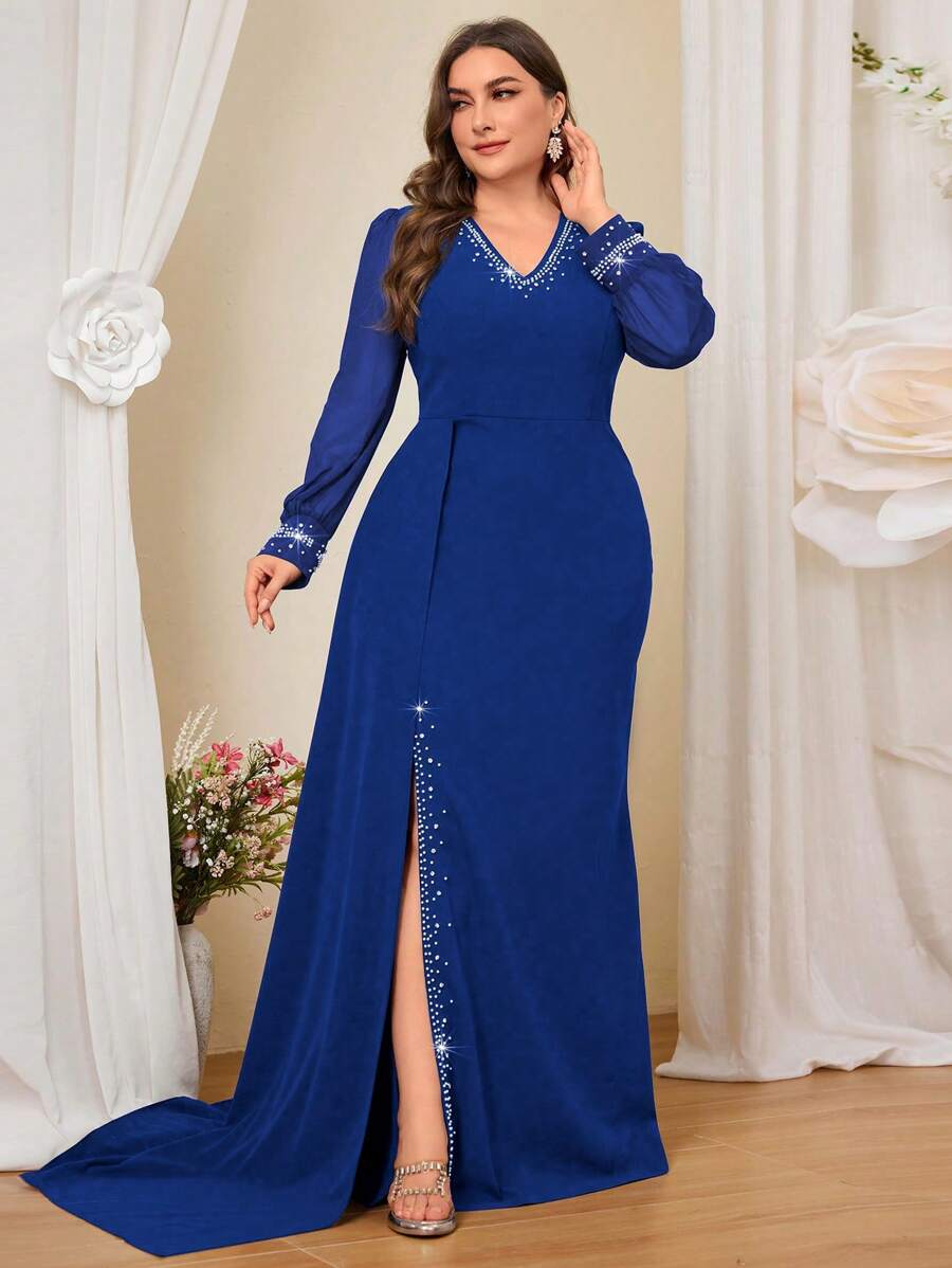 SHEIN Belle Plus Size Elegant Blue Knit Bubble Pom-Pom Splicing Bodycon Party Dress, Formal, Gown, For Evening, Wedding Guest - Royal Blue - View 1