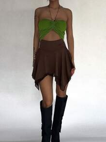 DAZY Top sin mangas con busto fruncido y cuello de halter, top ajustado para mujer, atuendo de verano y crucero Y2K - Verde - Ver 4