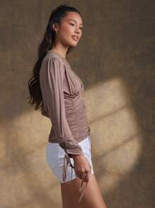 WESTFADE Knit Jersey & Lace V Neck Button Front Ruched Long Sleeve Western Cowgirl Top For Spring Break Nashville - Brown - View 3