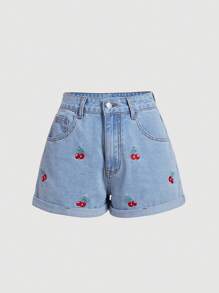 SHEIN MOD Women's Cherry Embroidery Pocket Loose Casual Versatile Denim Shorts - Light Wash - View 1