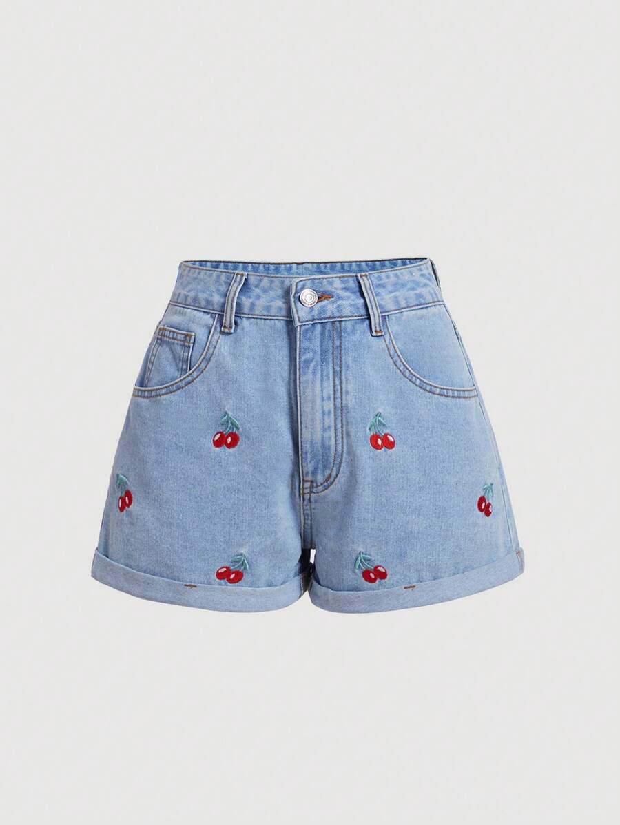 SHEIN MOD Women's Cherry Embroidery Pocket Loose Casual Versatile Denim Shorts - Light Wash - View 1