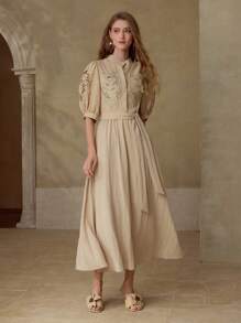 MOTF PREMIUM BELTED EMBROIDERY DRESS - Khaki - View 4