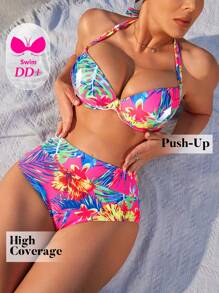 Swim DD+ DD+ Push-Up Underwired Tropical Print Bikini Set For Summer Beach Vacation - Multicolor - View 3