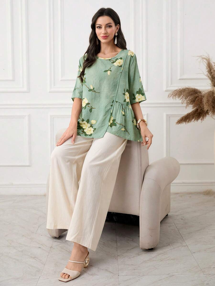 Lacomfia 2 件套女士春夏亚麻休闲短袖上衣和松紧腰带长裤套装