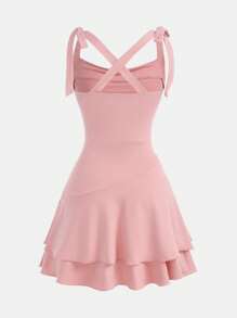 Girlism Teens Girl Knit Ruched Waist A-Line Ruffle Hem Casual Bow Strap Sundress - Pink - View 2