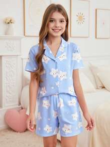 2pcs Tween Girl Girls Minimalist Star & Print Short Sleeve Top And Shorts Casual Home Outfit,Summer Travel - Blue - View 1