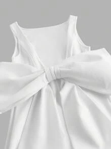 SHEIN MOD Women's Elegant White Midi Dress With Big Bow, Sleeveless Knitted Flared Hem Zipper Detail Round Neck Elegant Style - White - View 3