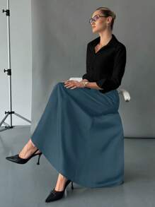 Siren Gaze Elegant Commuting Minimalist Solid Color Skirt Business Casual Woman Winter - Blue - View 5