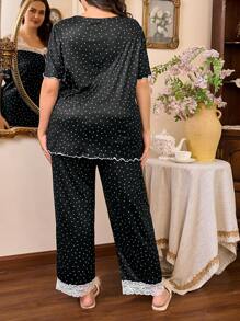Côtesoire Plus Size Women Black & White Polka Dot Lace Patchwork Comfy Knitted Short Sleeve Top & Pants Pajama Set, Outfits - Black - View 2