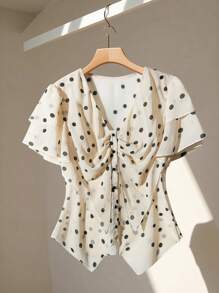 Franclia V-Neck Ruffle Short Sleeve Polka Dot Print Casual Shirt - Apricot - View 1