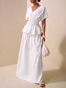 Slaydiva 2 件套 2025 春夏新款休闲通勤 V 领短袖褶皱腰 A 字衬衫和超长 A 字裙套装，适合旅行、度假、通勤、派对和休闲场合 - 款式 B - 白色 - 查看 8