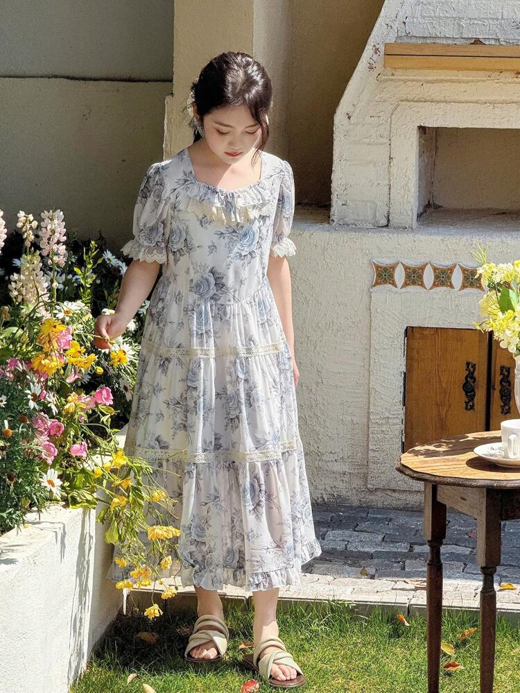 Tween Girl Ditsy Floral Square Neck Short Sleeve Dress, Summer,Back To School Clothes Vacation Easter