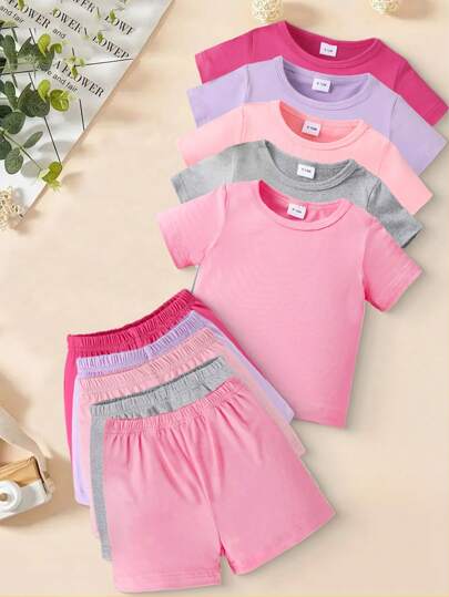 SHEIN Playful Pals 10pcs Simple Solid Color Short Sleeve Baby Girls' Summer Outfit