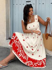 SHEIN Holidaya Plus Size Women's Boho Maxi Dress: Sleeveless Shirred Bodice, Red And White Floral Print, Flared Hem For Summer - Multicolor - View 1