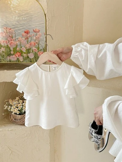 SHEIN LMoss Kids 年轻女孩纯色圆领休闲衬衫