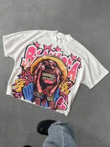 Manfinity Streetrush Camiseta holgada y suelta de cuello alto con mangas estilo murciélago y estampado de retrato de estilo pintado a mano, camiseta con retrato pintado a mano, artículo popular