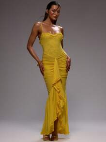 MUSERA Spaghetti Strap Thin Strap Ruffle Trim Gathered Drape Front Elegant Maxi Dress For Spring Summer Vacation Wedding Guest Graduation Formal,Summer Dresses For Women