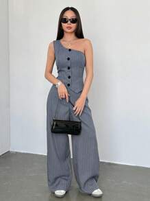 Flirla 2 件套女士休闲卡其色条纹不对称服装套装 - 灰色 - 查看 5