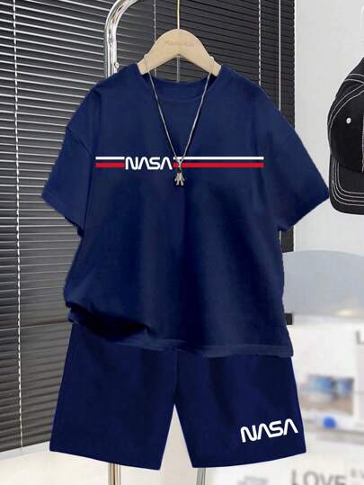 SHEIN 2pcs/Set Tween Boys Casual Simple Letter Print Round Neck Short Sleeve T-Shirt & Shorts Set, Suitable For Summer