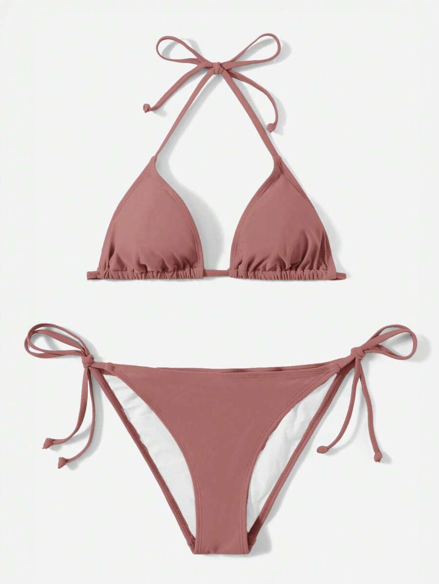 Swim Basics Solid Color Bikini Swimsuit, Vacation Beach Wear For Summer - Coffee Brown - View 1