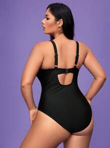 SHEIN Swim Curve 1pc Plus Size One-Piece Swimsuit With Shaping Straps And Underwired For Summer Beach Vacation - Black - View 2