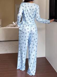 DAZY 蕾丝拼接蝴蝶结印花褶皱波浪边睡衣套装，甜美，秋冬服装 - 淺藍色 - 查看 2