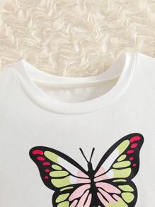 2pcs Girls Sweet Cute Butterfly Print Cap Sleeve Top Tee + Bowknot Ruffles Patterned Pants Set, Fashionable Casual Outfit Suitable For Vacation, Travel, Holiday Party, Summer Summer Holiday