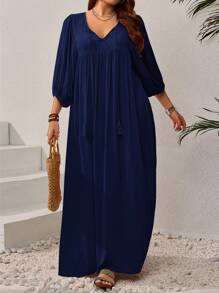 EMERY ROSE Plus Size Loose Lantern Sleeve Solid Color Dress, Casual Holiday Style Flowy Dress - Navy Blue - View 4