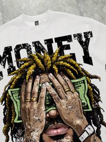 SHEIN EZwear 休闲复古街头服饰 Y2K 黑色肖像、美元钞票涂鸦风格图形、超大字母印花男女通用宽松短袖 T 恤，适合夏季 - 彩色 - 查看 4