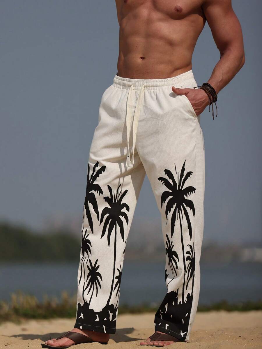 Manfinity RSRT Men's Drawstring Waist Pockets Palm Tree Print Linen Pants, Vacation - Beige - View 1