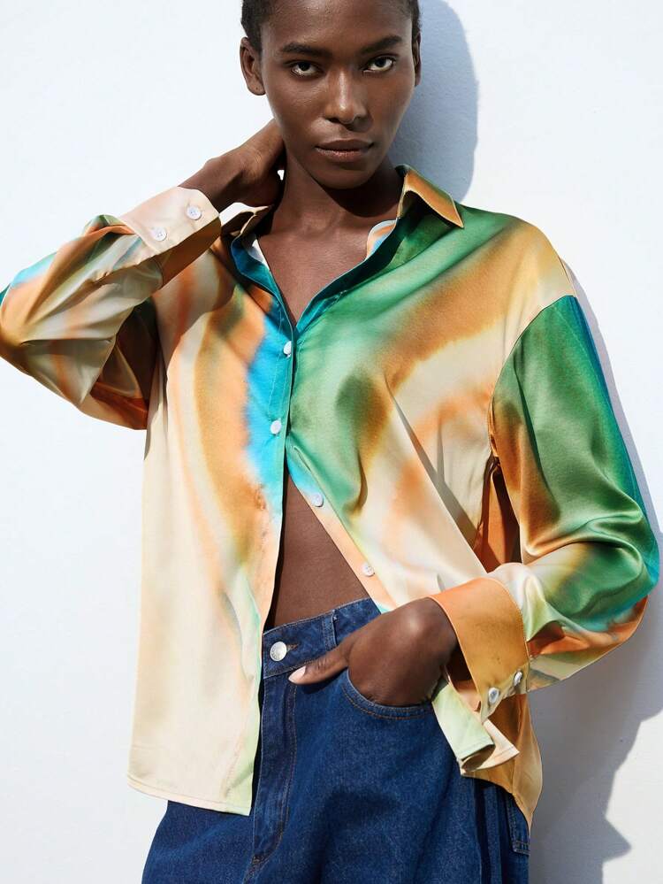 SHEIN Maija Women's Multicolor Woven Fabric Blouse: Casual, Long Sleeve Button-Front Collared Shirt With Abstract Print And Regular Hem
