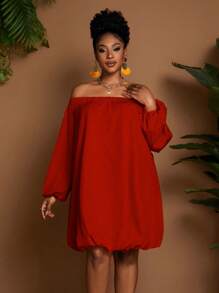 Maweii Plus Size Solid Color Off Shoulder Long Sleeve Elastic Waist Short Dress - Red - View 4
