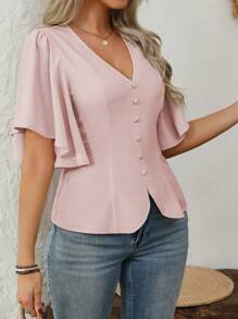 EMERY ROSE 大码女式优雅法式设计 V 领纽扣装饰腰部喇叭袖短袖衬衫，适合工作、休闲、度假、春夏季