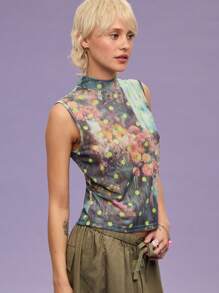 COUREZ Loose Fit Sheer Mesh Flower Polka Dot Print High Neck Top / Clothes Spring Clothes Y2K Cute Tops Going Out Tops Going Out Outfits Graphic Tees - Yellow - View 5