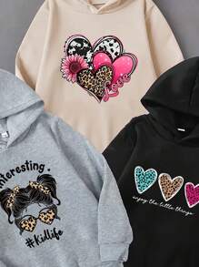 SHEIN 3pcs Teen Girl Leopard, Heart, Letter Graphic Loose Fit Comfortable Hooded Sweatshirts - Multicolor - View 3