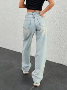 EURMUSE High Waist Button Detailed Straight Leg Jean - Light Wash - View 2