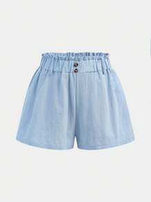 Girlism 少女蓝灰色纯色休闲短裤，纸袋腰纽扣细节，春夏季，适合休闲度假、节日、午餐、音乐节