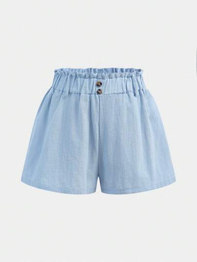 Girlism 少女蓝灰色纯色休闲短裤，纸袋腰纽扣细节，春夏季，适合休闲度假、节日、午餐、音乐节