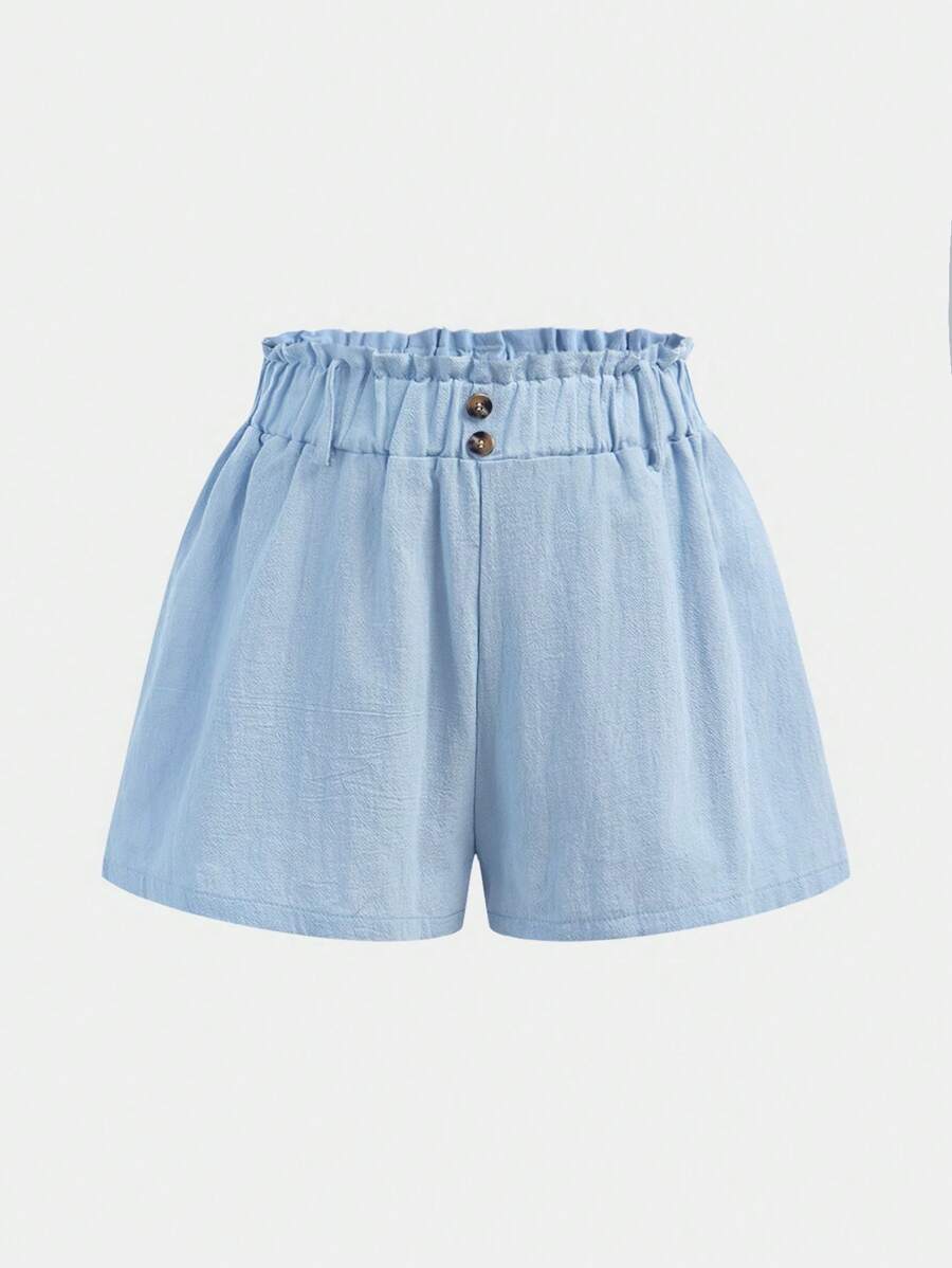 Girlism 少女蓝灰色纯色休闲短裤，纸袋腰纽扣细节，春夏季，适合休闲度假、节日、午餐、音乐节
